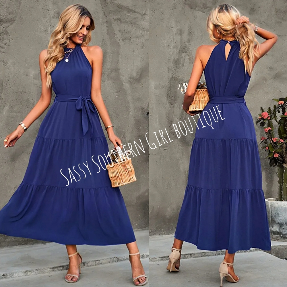 🆕⭐ Blue tiered halter maxi dress